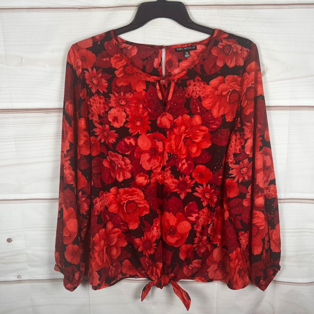 Sara Michelle Tie Front Blouse Womens 2X Red Floral Long Sleeve Keyhole Sparkle